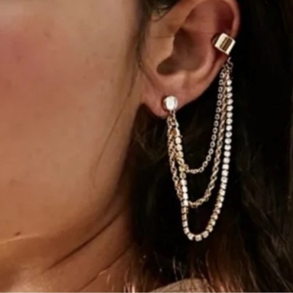 Free People Party Party Ear Chain Cuff Amber Rhinestone Gunmetal NWT Bohemian - Picture 13 of 13